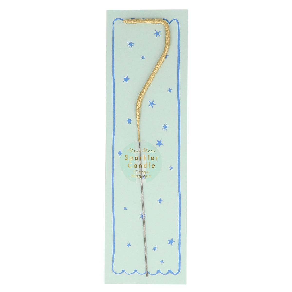 Gold number sparkler candle 7 with blue star pattern and pale blue center