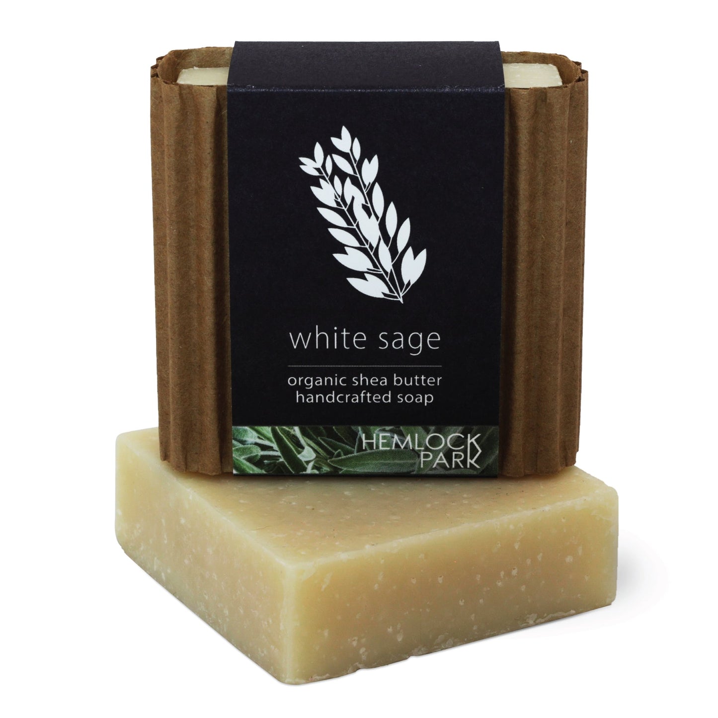 White sage organic shea butter soap bar, light cream color with botanical dark label wrap