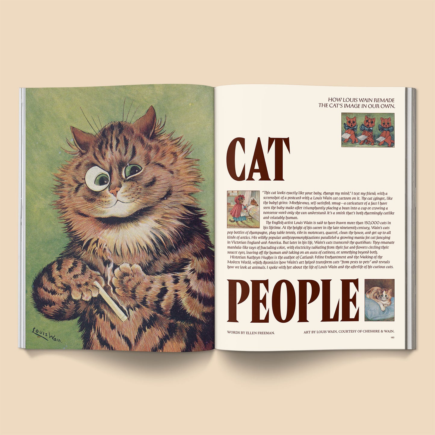 Open cat magazine spread with orange tabby cat photo and title CAT PEOPLE