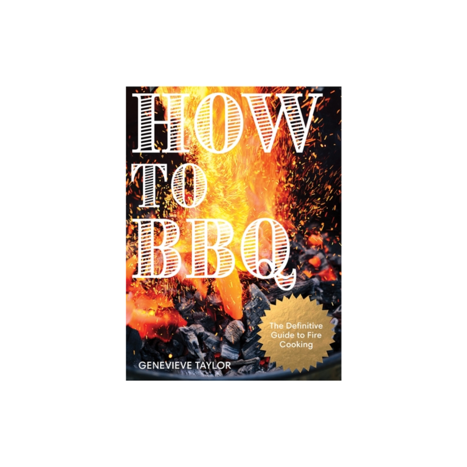 BBQ cookbook cover with fiery grill artwork and large title lettering