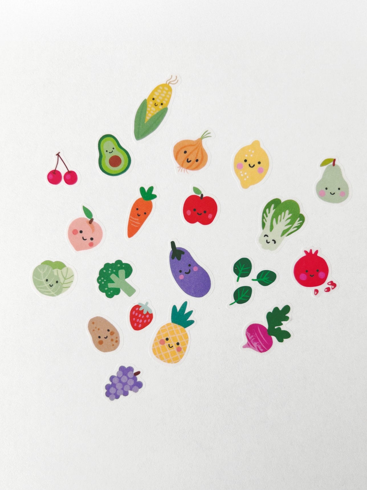 Assorted fruit and vegetable washi stickers: cherries, avocado, corn, berries, pear