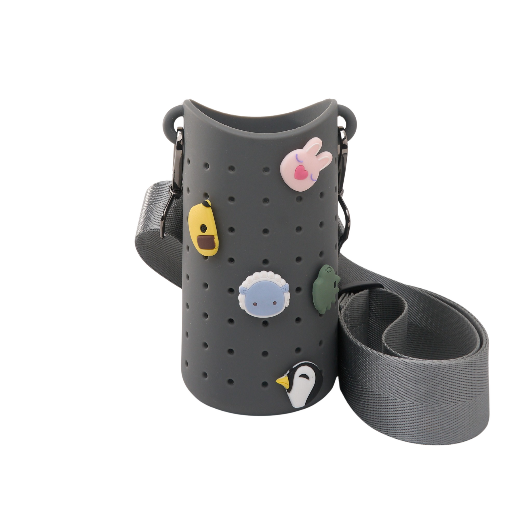 Koala-themed dark gray sling bag with perforated body, animal patches and gray strap