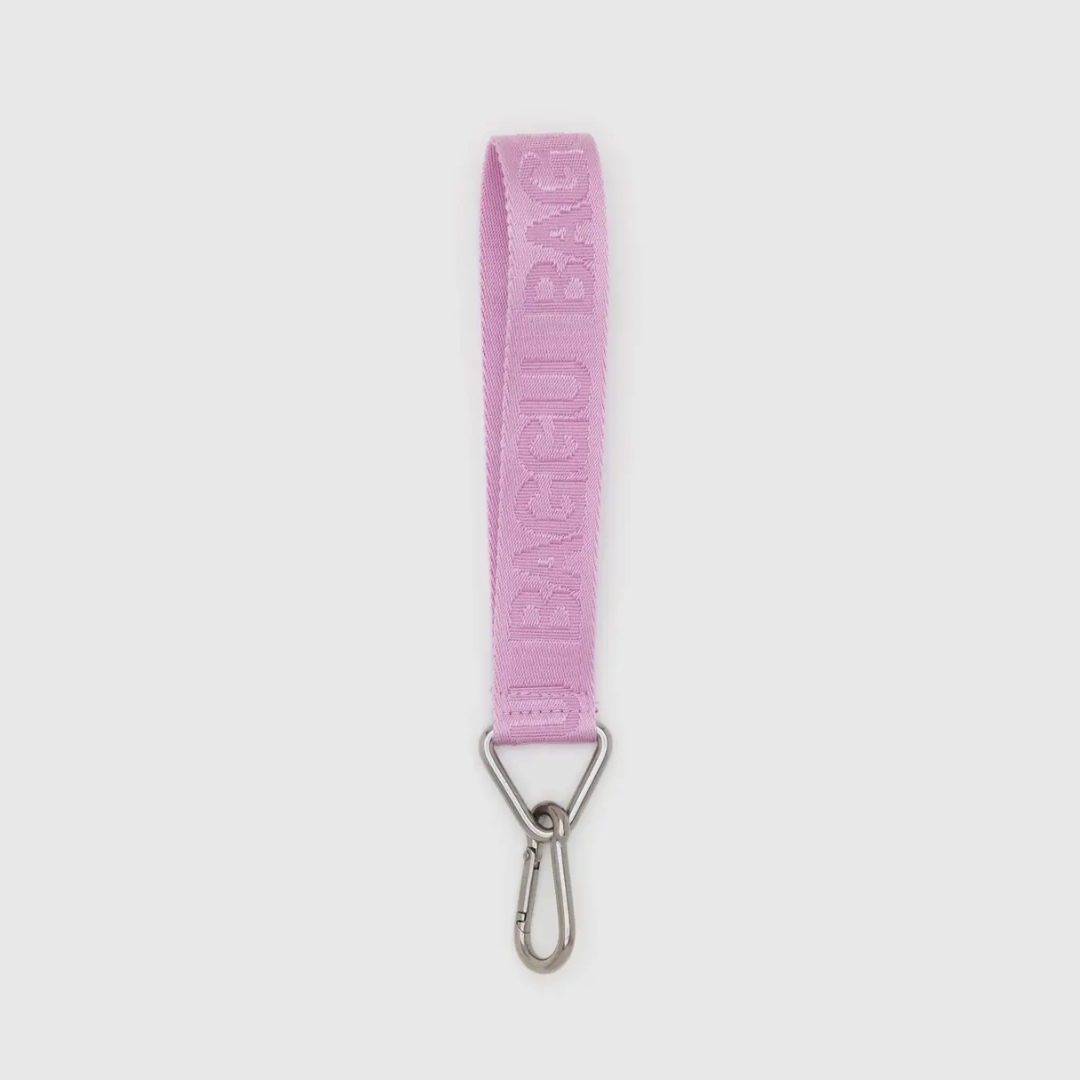 Pink BAGGU logo keychain with silver metal clasp and loop