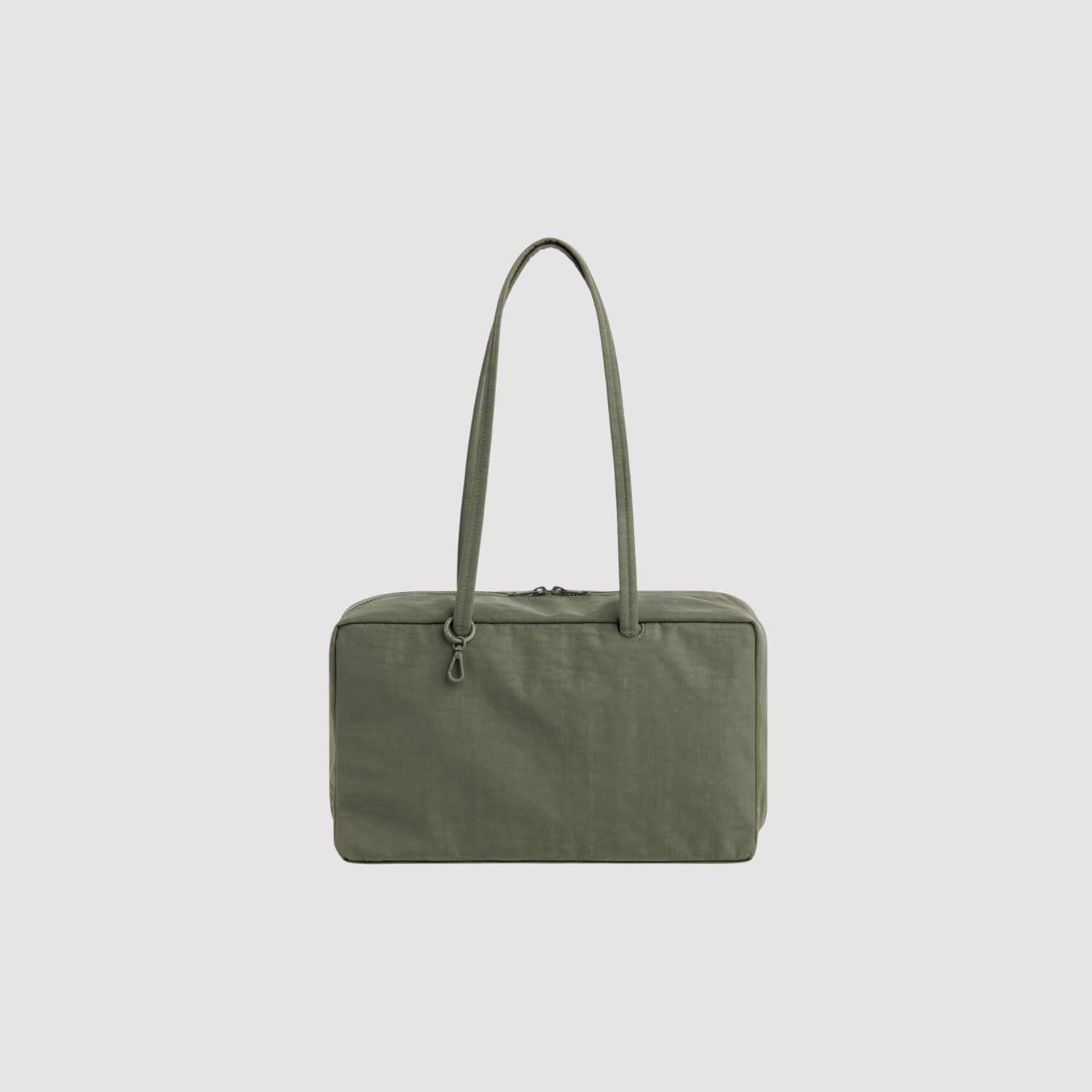 Medium nylon bowler bag in olive green with top zipper and short carry handles.