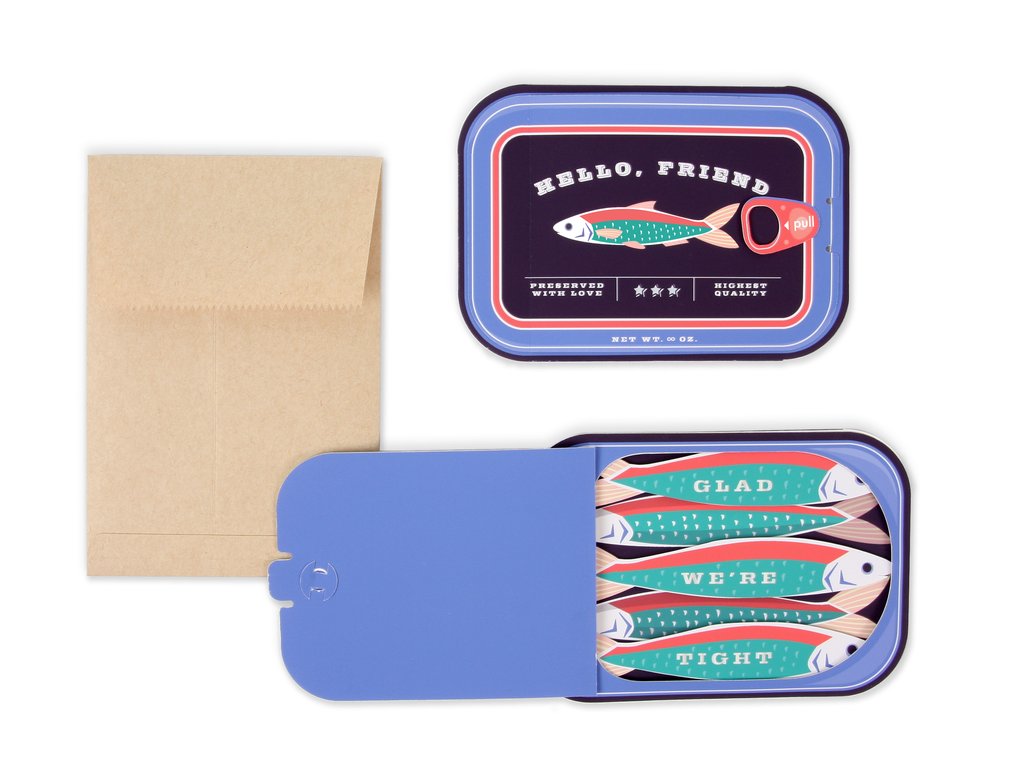 Pair of sardine pop-up greeting card inserts with blue covers and sardine scenes, plus kraft envelope
