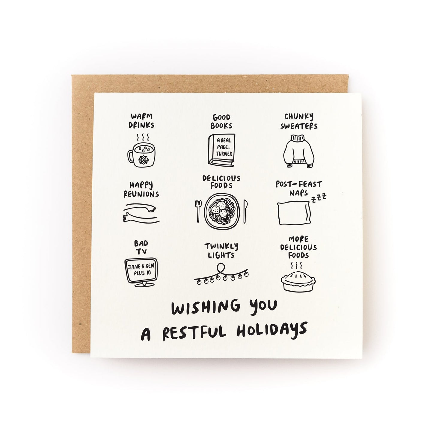 Kraft envelope greeting card with illustrated holiday sayings in black ink