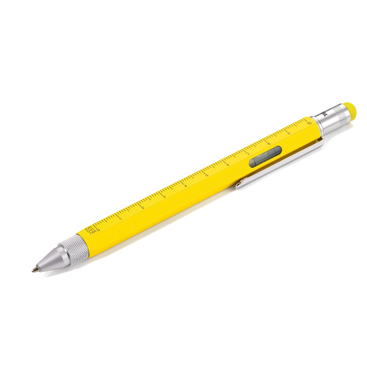 Yellow ballpoint measuring pen with ruler markings and built-in bubble level window