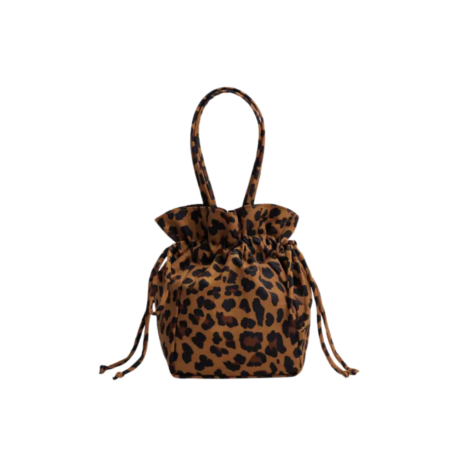 Leopard-print nylon drawstring bag with top carry handles and dangling cords