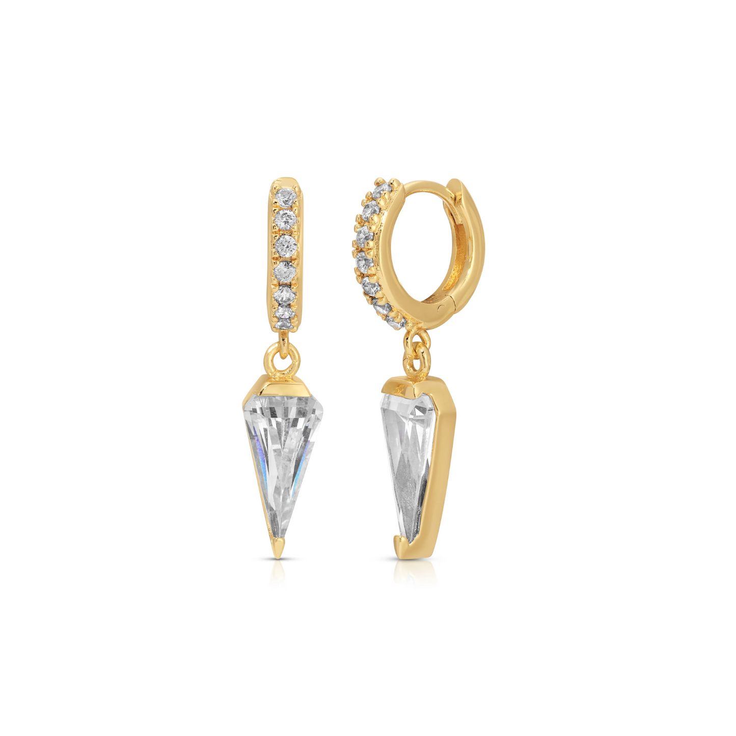 Gold huggie hoop earrings with pavé stones and diamond dangle