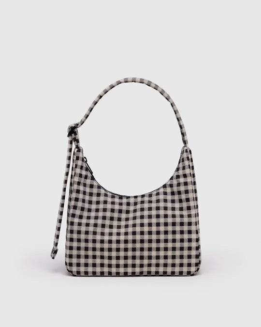 Mini nylon shoulder bag with black-and-white gingham pattern and short top handle