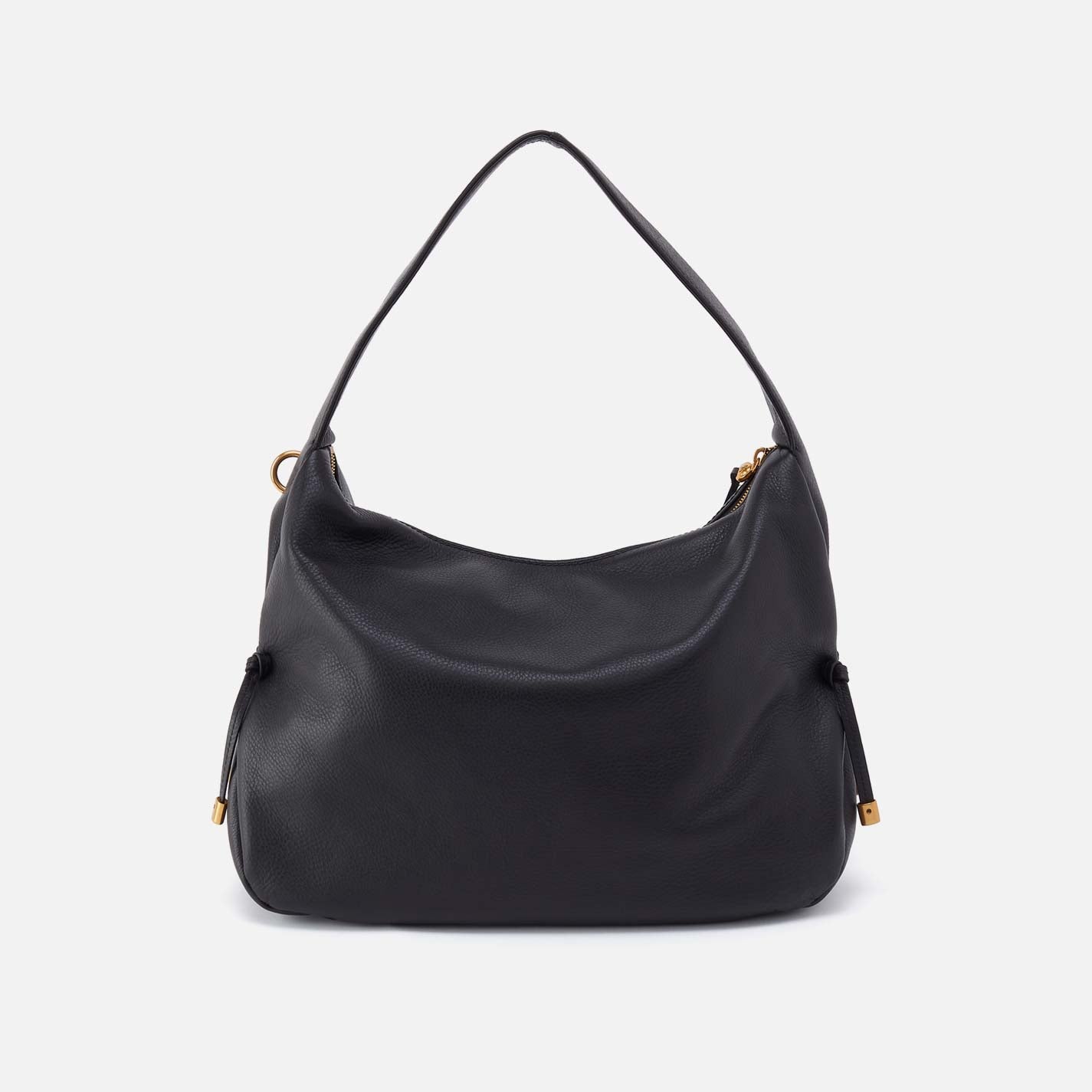 Black hobo bag with curved top handles and slouchy silhouette, gold-tone hardware