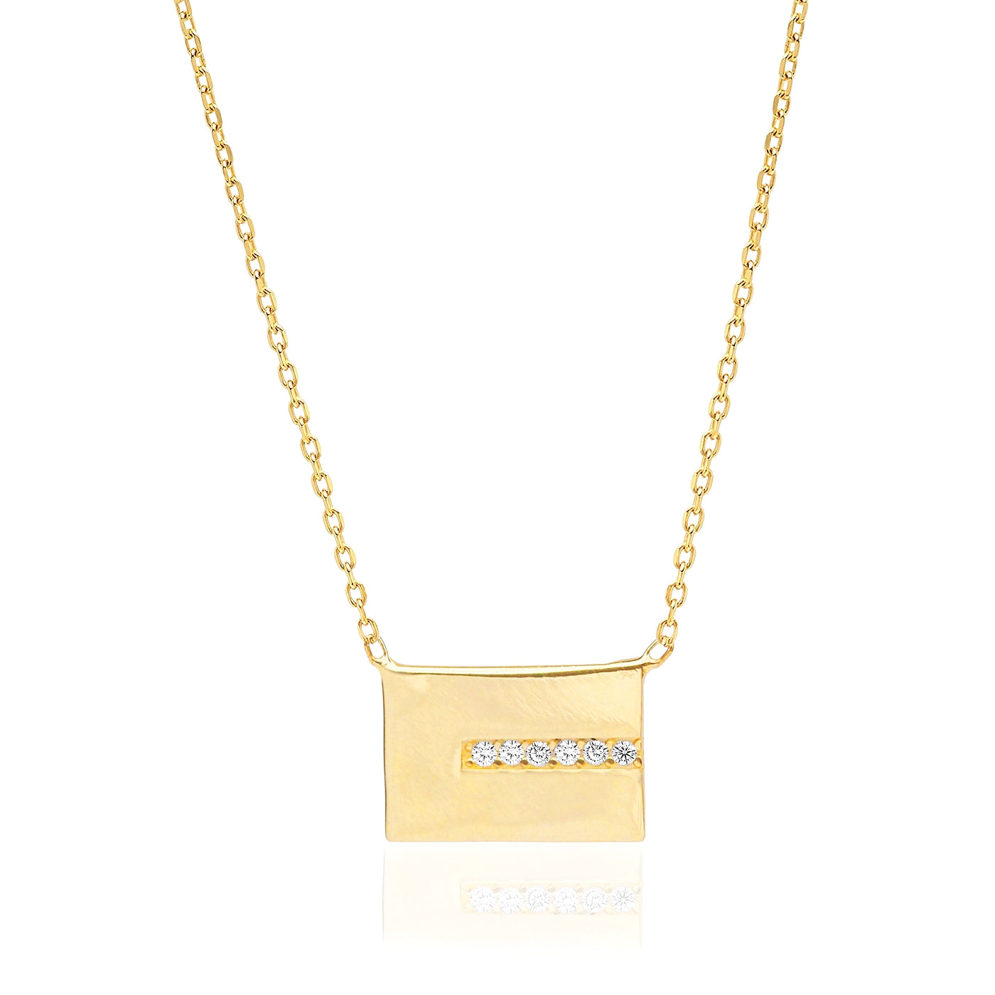 Gold-tone rectangle pendant necklace with row of CZ accents and fine chain