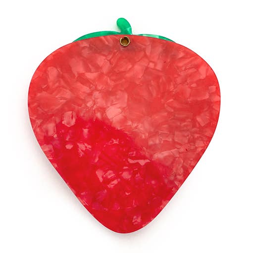 Folding compact mirror strawberry compact with green top stem and glossy red surface, closed
