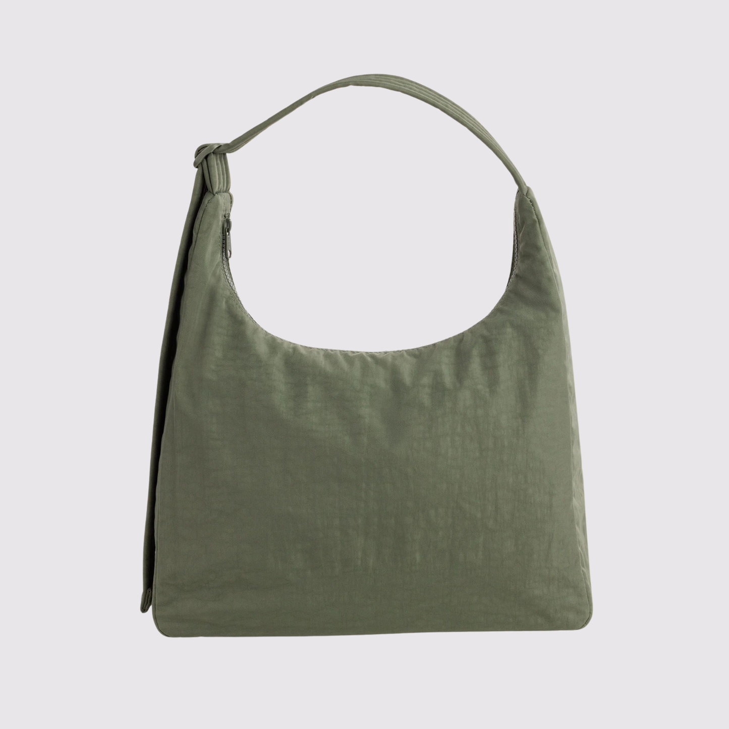 Nylon shoulder bag in olive green with short top handle and side tassel tie.