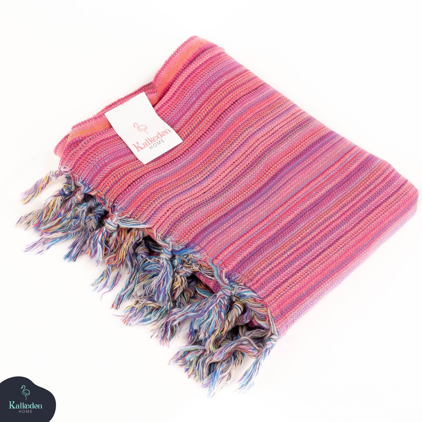 Turkish cotton throw blanket with pink knit stripes and multicolor fringe, Kalkarden label