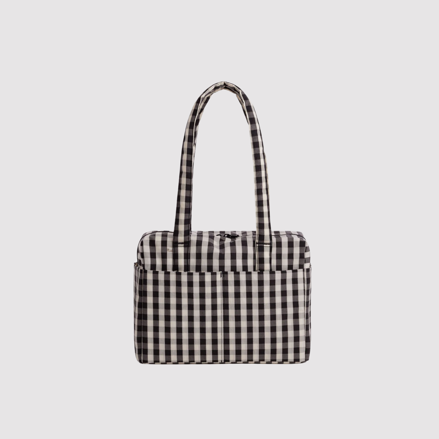 Black and white gingham tote bag with top handles and zippered top