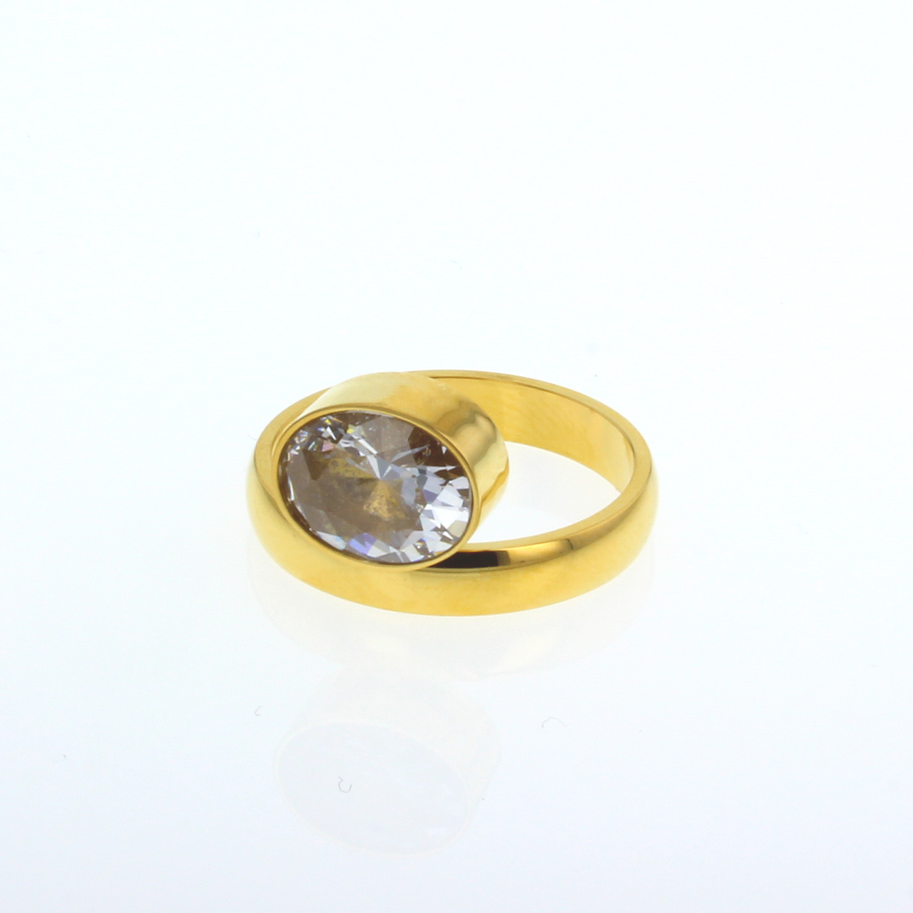 Dawson gold ring with clear oval-cut stone, polished band