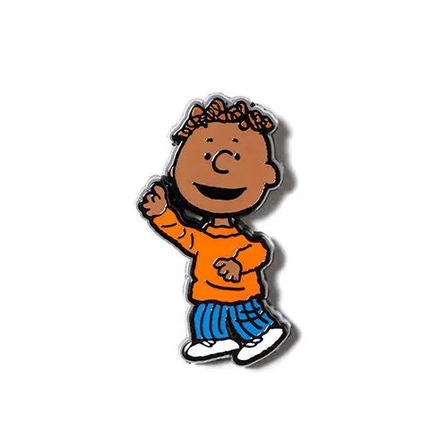 Full-body smiling cartoon character enamel pin with orange top, blue striped pants, and white shoes.