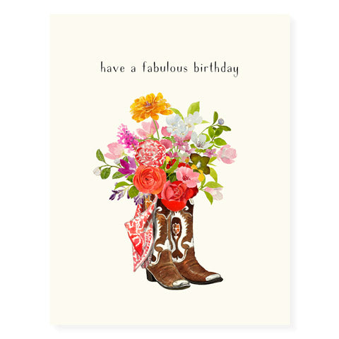 Birthday card with flower bouquet in patterned cowboy boots illustration