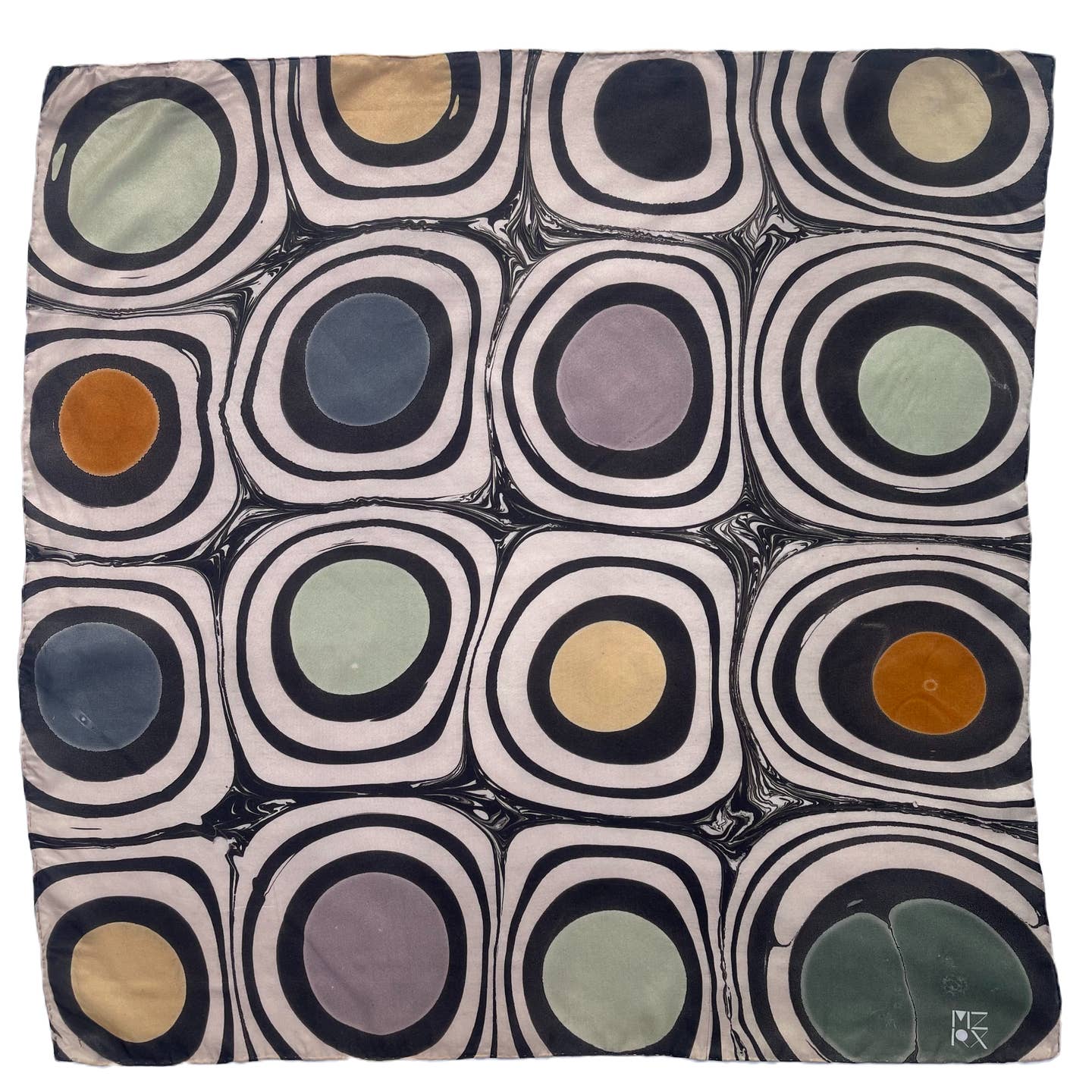 Silk bandana with geometric circles print in navy, beige, green, and mustard accents