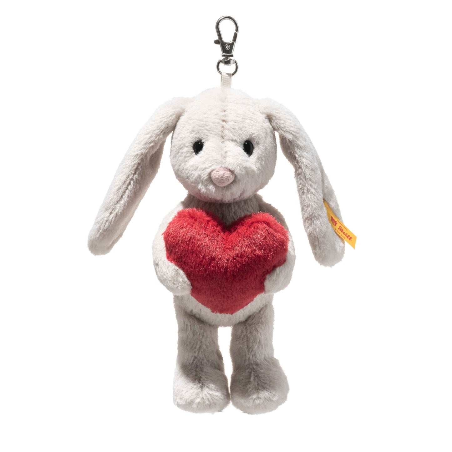 Rabbit plush keyring with red heart on chest, metal clip and loop