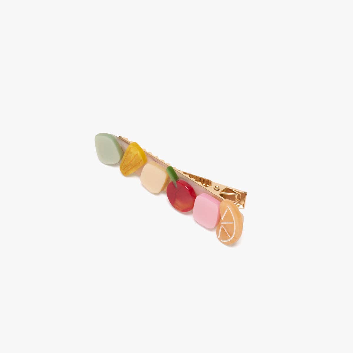 Fruit-themed alligator hair clip with gold clasp and pastel fruit charms