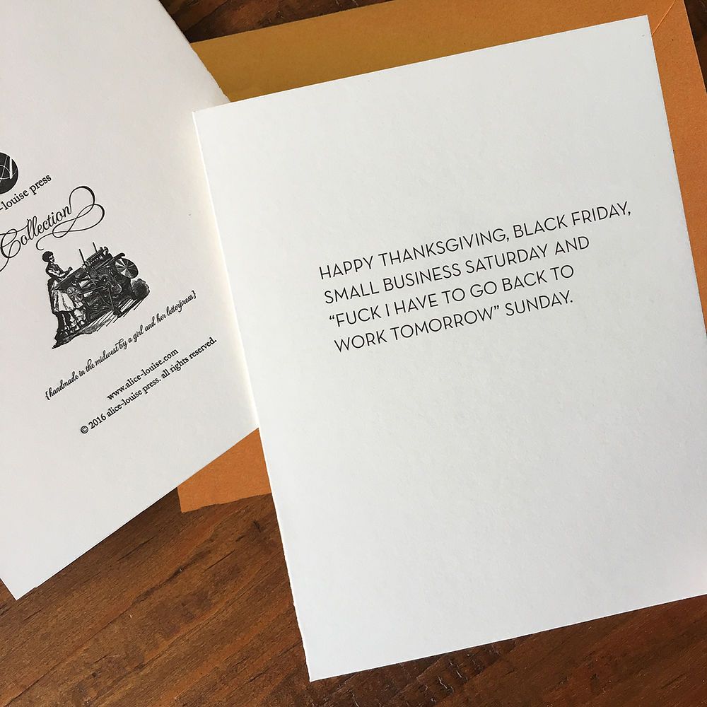 Thanksgiving greeting card with printed quote: “Fuck I have to go back to work tomorrow.”