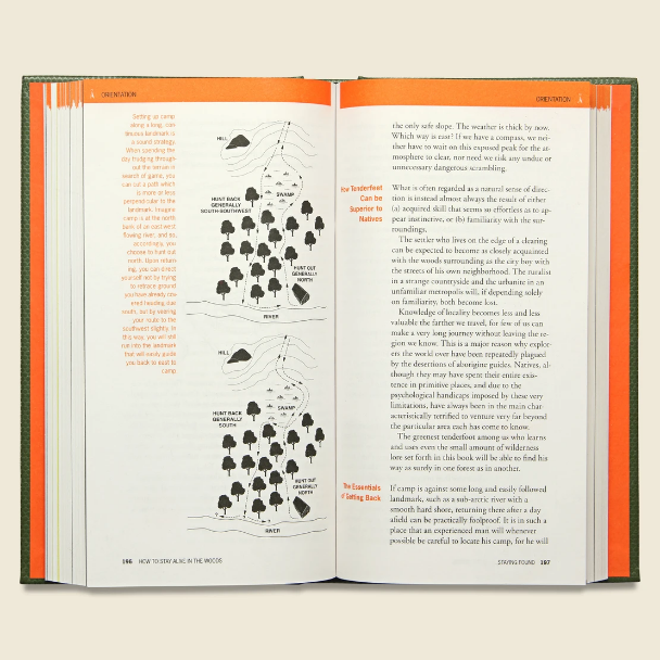 Survival guide book open to camping shelter maps and plant illustrations