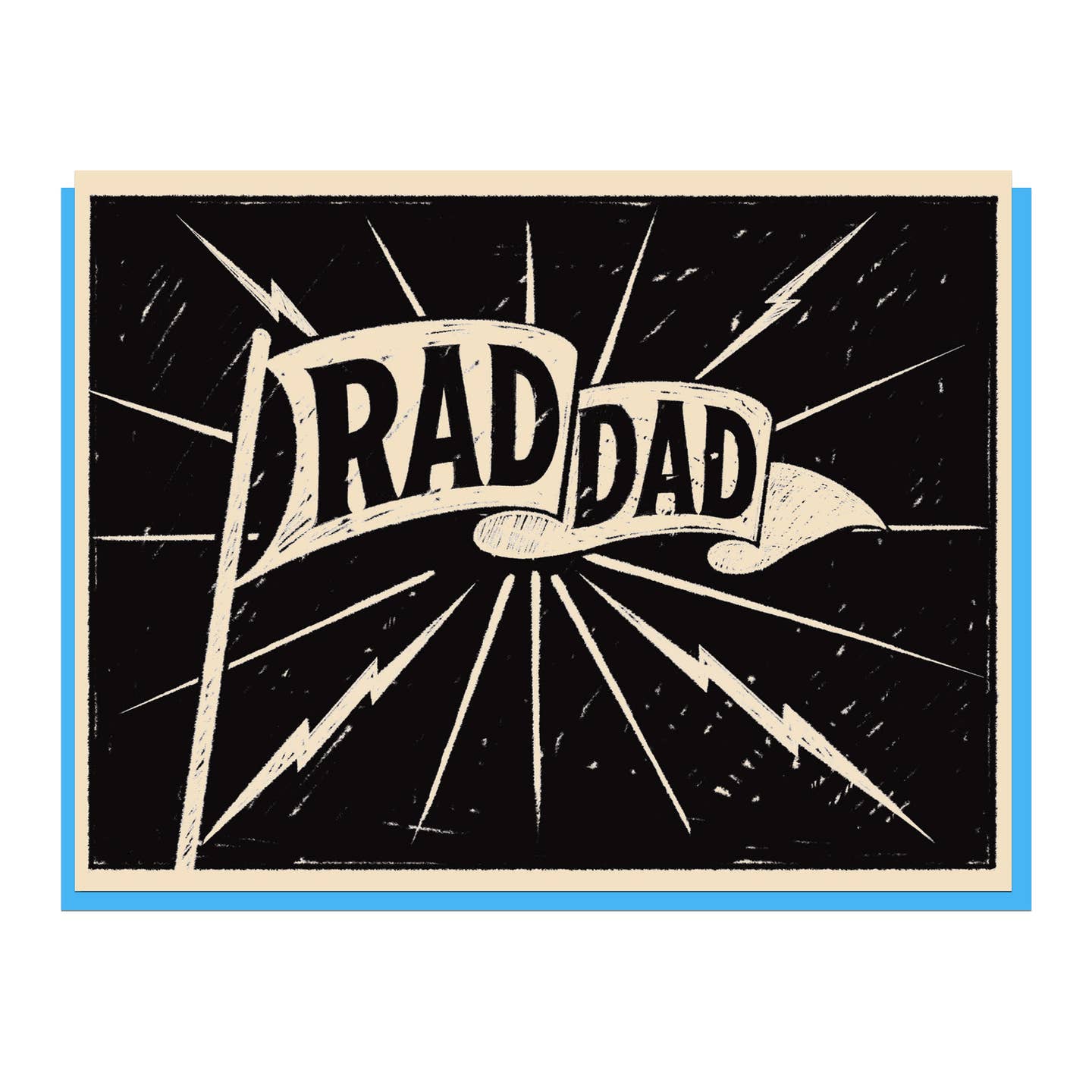 Dad greeting card with bold RAD DAD lettering on black with starburst lightning rays