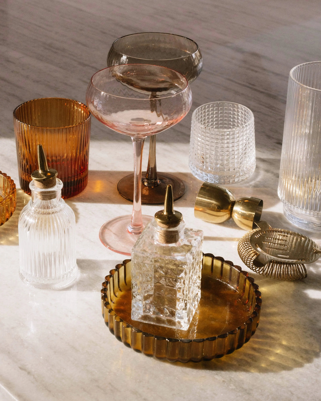 Ribbed amber glass round bowl, low serving dish