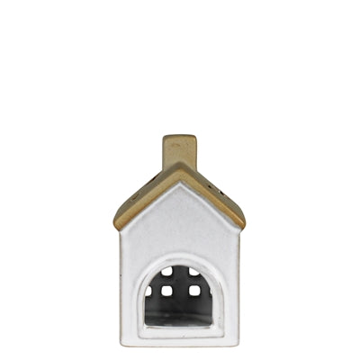 Ceramic house tealight holder: white front with arched cutout and tan roof