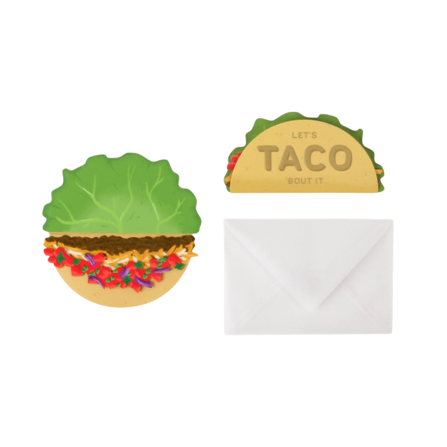 Taco pop-up greeting card with message front and white envelope