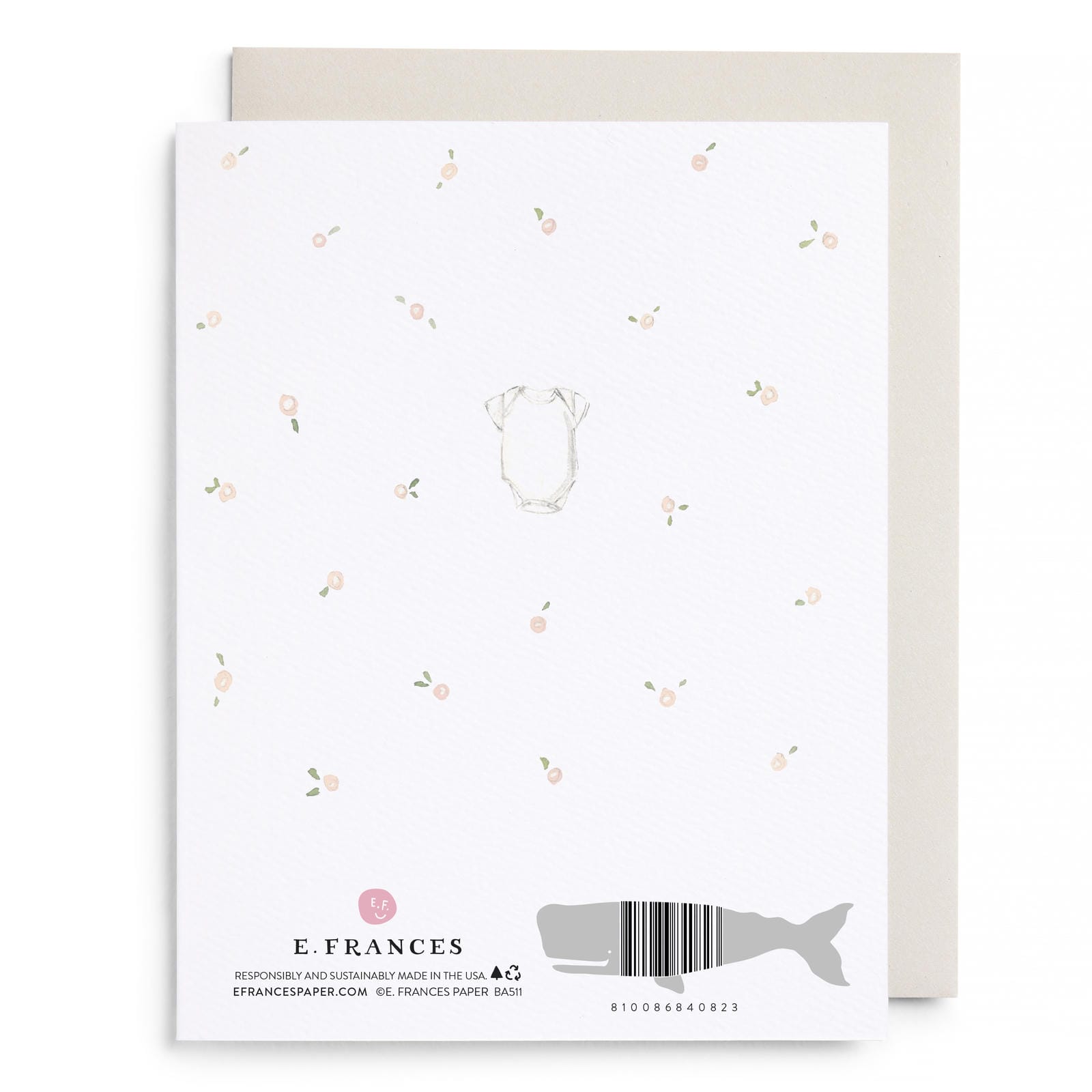 Greeting card bundle, white back with fruit pattern, onesie outline, barcode
