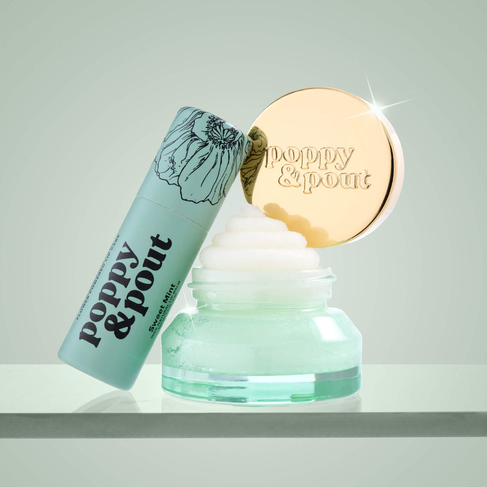Sweet mint lip scrub jar with open lid and mint-flavored lip balm tube