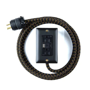 Exto USBC dual outlet cord with black braided cable and black dual outlet on silver plate
