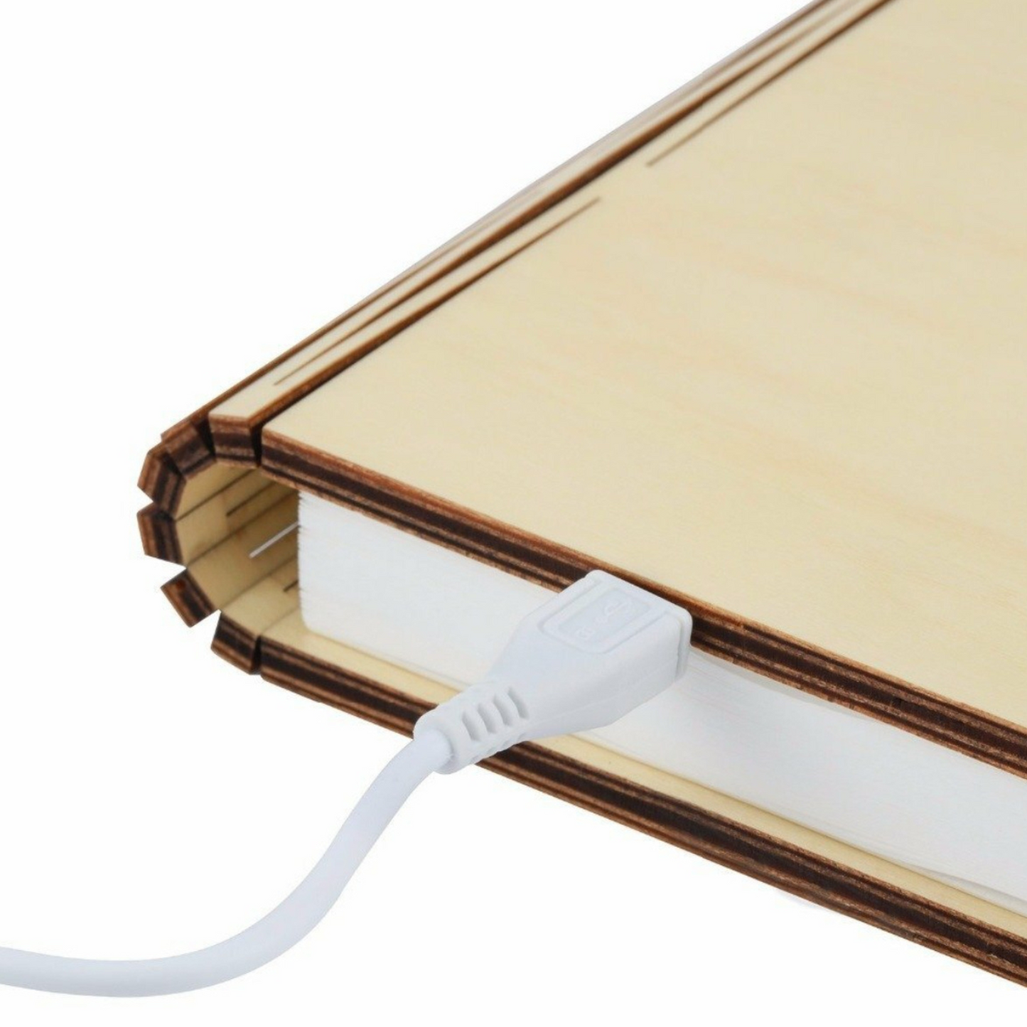 Mini wood booklight plugged in with white power cord