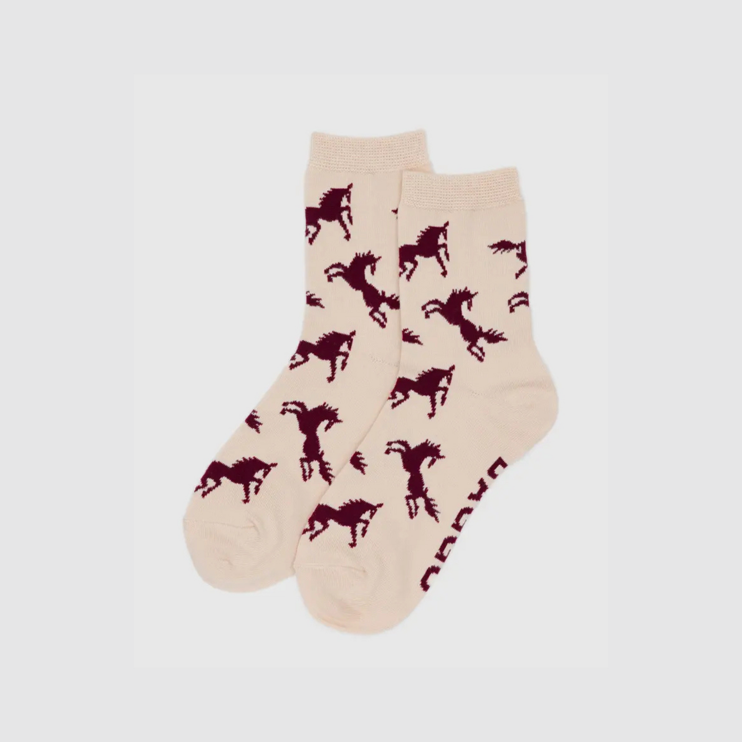 Crew socks in cream with dark maroon horse silhouette pattern, two-pack