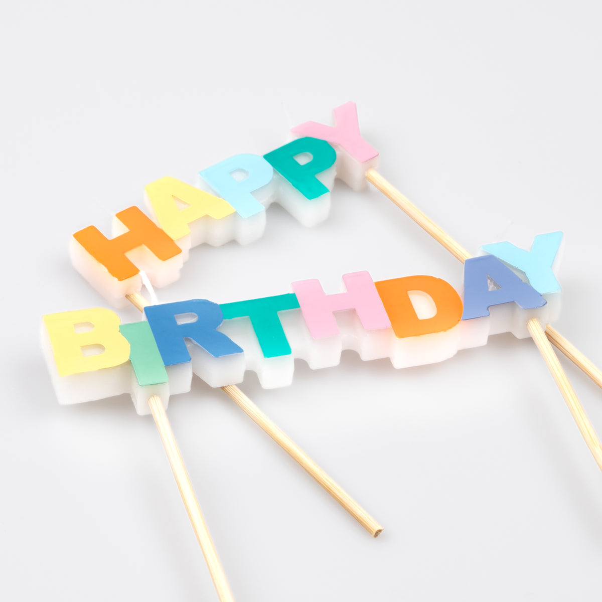 Happy Birthday letter candles on wooden sticks, multicolor foam-style letters