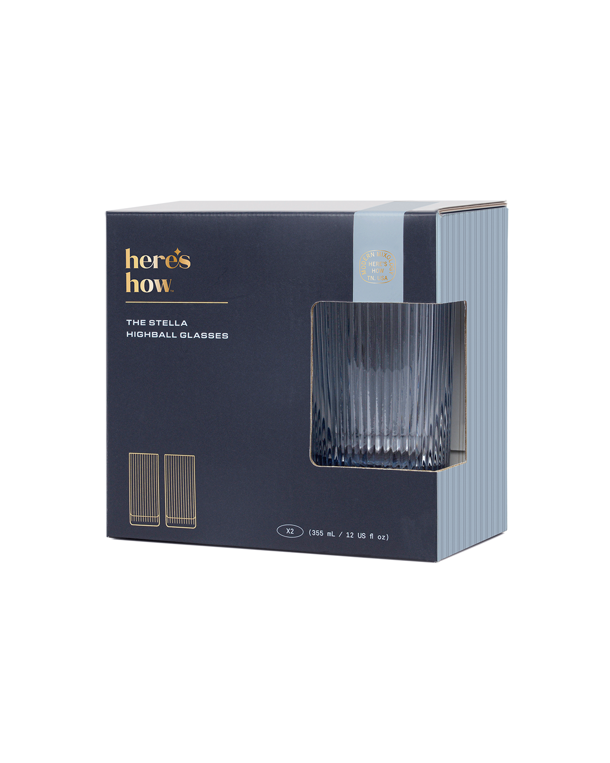 Highball glass set box showing two blue striped glasses with ridged sides