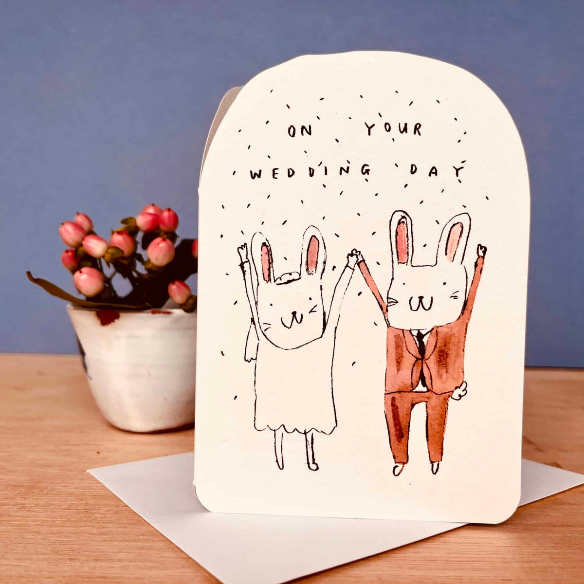Wedding bunnies greeting card with two bunny figures and message for your wedding day