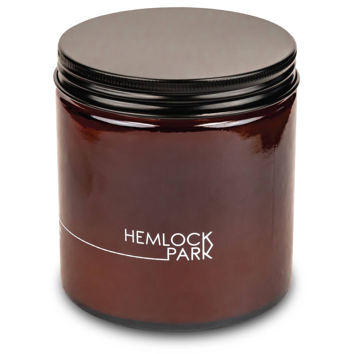 Brown glass coconut wax candle jar with black lid, white 'HEMLOCK PARK' label