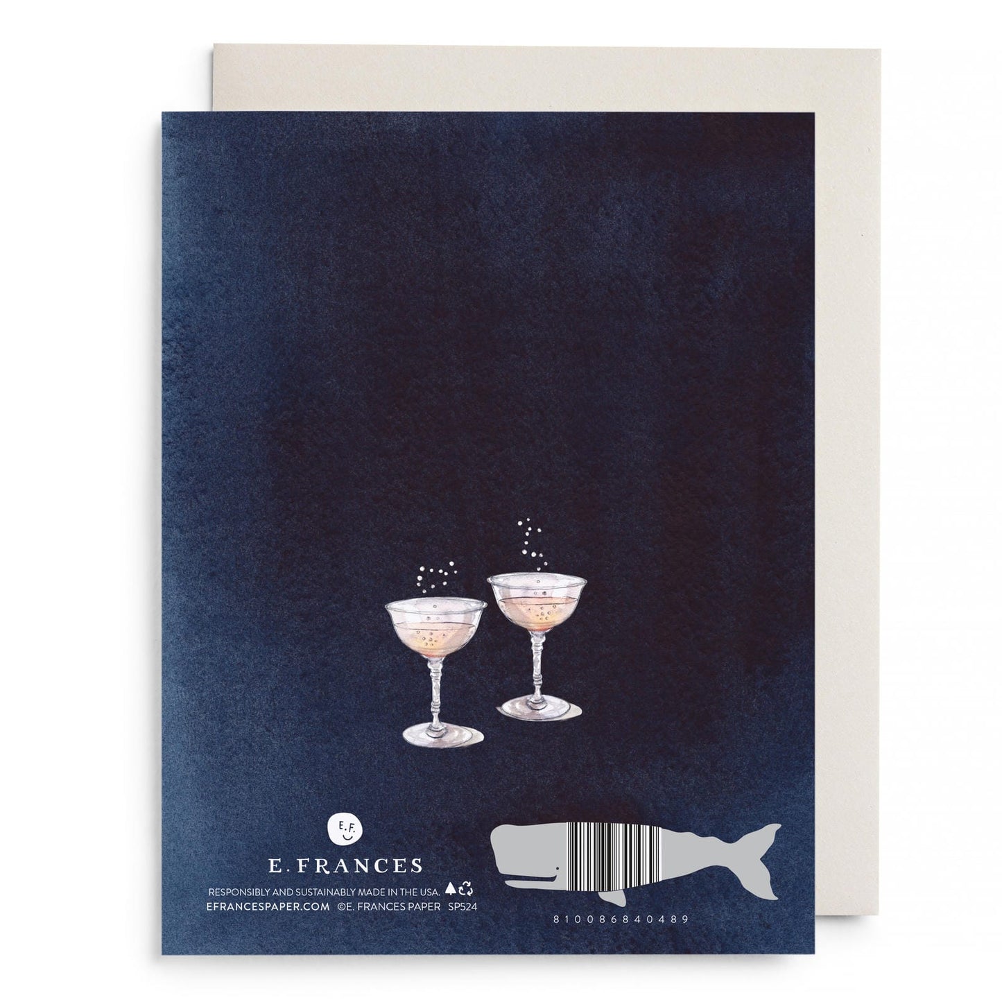 Congratulation greeting card back with two champagne glasses, barcode, and whale graphic