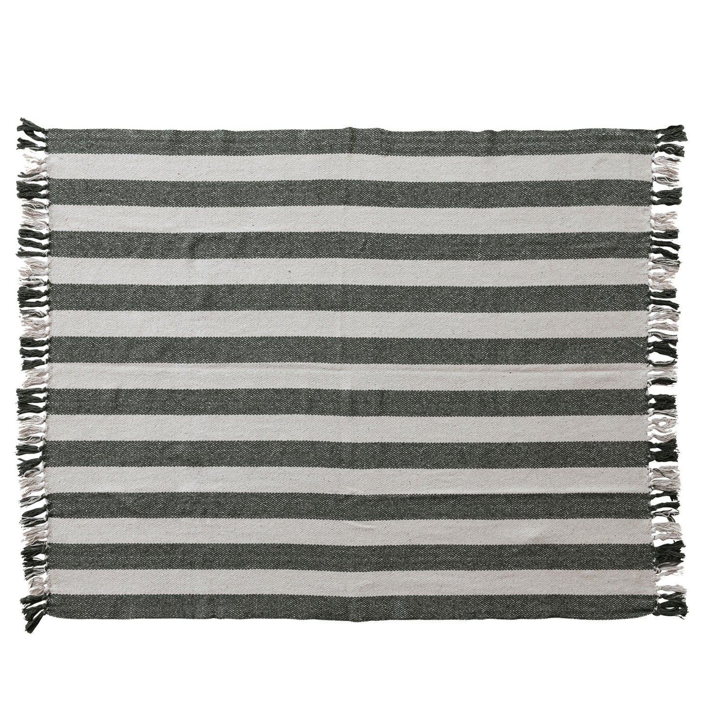 Recycled Cotton Blend Knit throw with Fringe -Natural/Green