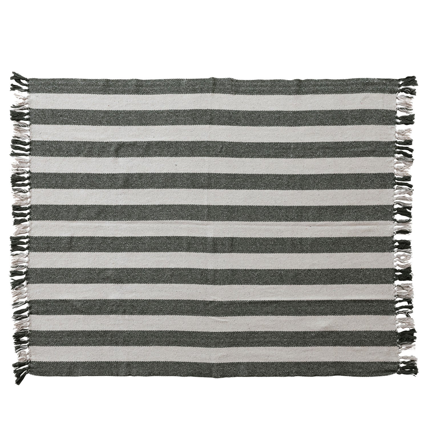 Recycled Cotton Blend Knit throw with Fringe -Natural/Green