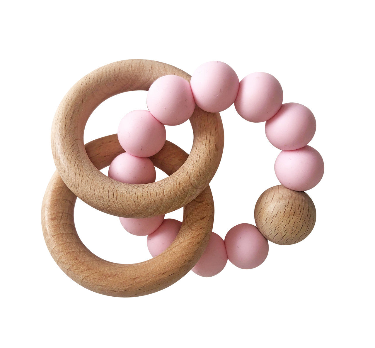 Beechwood teether rings in rosewater with pink silicone balls and wooden loops