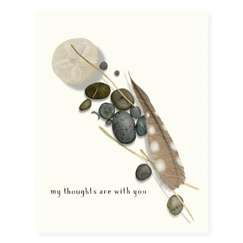 Sympathy card with watercolor feather and stone accents, text 'my thoughts are with you'