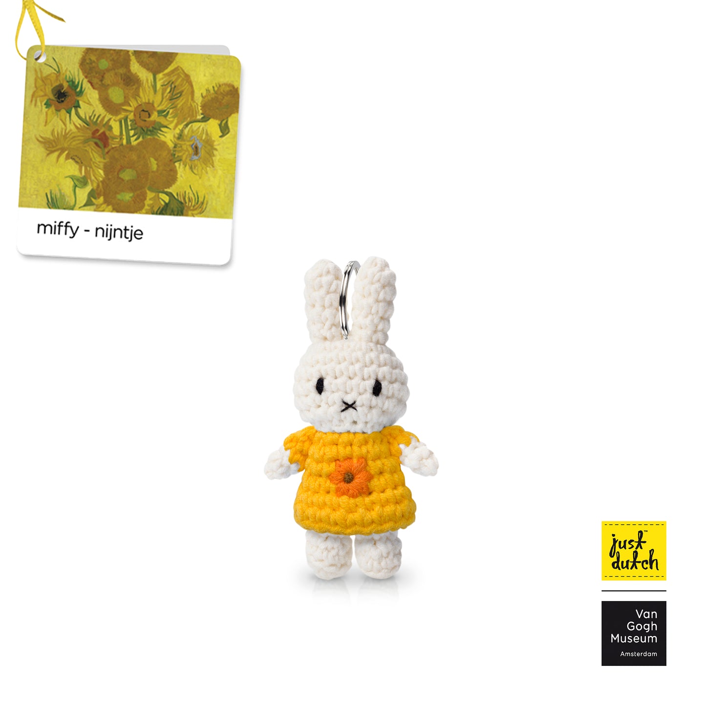 Handmade Miffy bunny keychain plush with yellow sunflower-style outfit and clasp