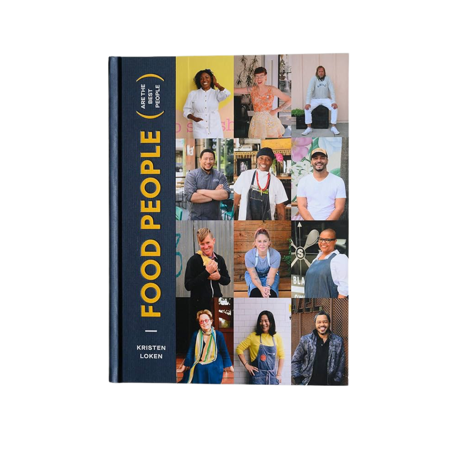 Hardcover book with people collage and yellow 'FOOD PEOPLE' title on blue cover