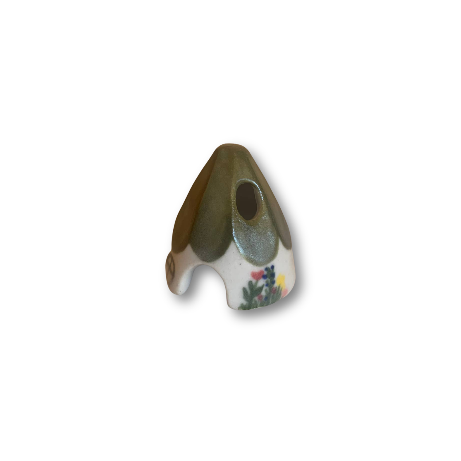 Olive ceramic mouse incense cone burner with floral roof and side vent