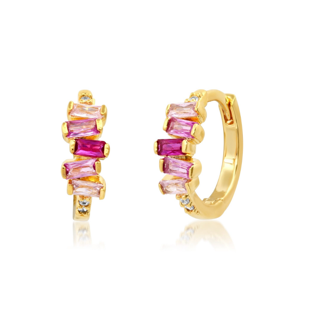 Gold-tone stacked baguette huggie earrings with pink baguette stones and tiny clear stud accents